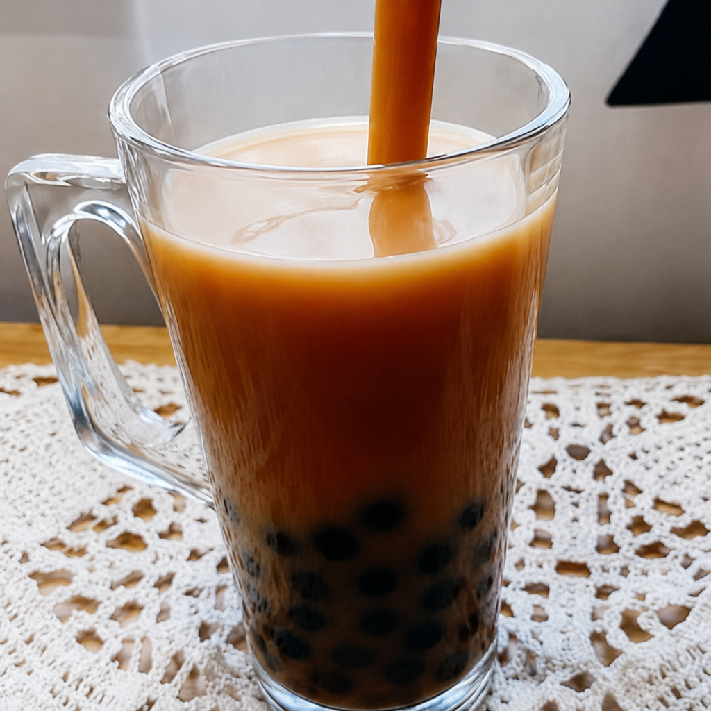 vaso alto de cristal con te de burbujas casero