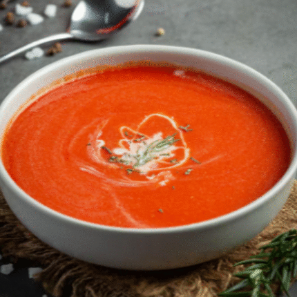 bol de sopa de tomate decorado con una hojita de pereji