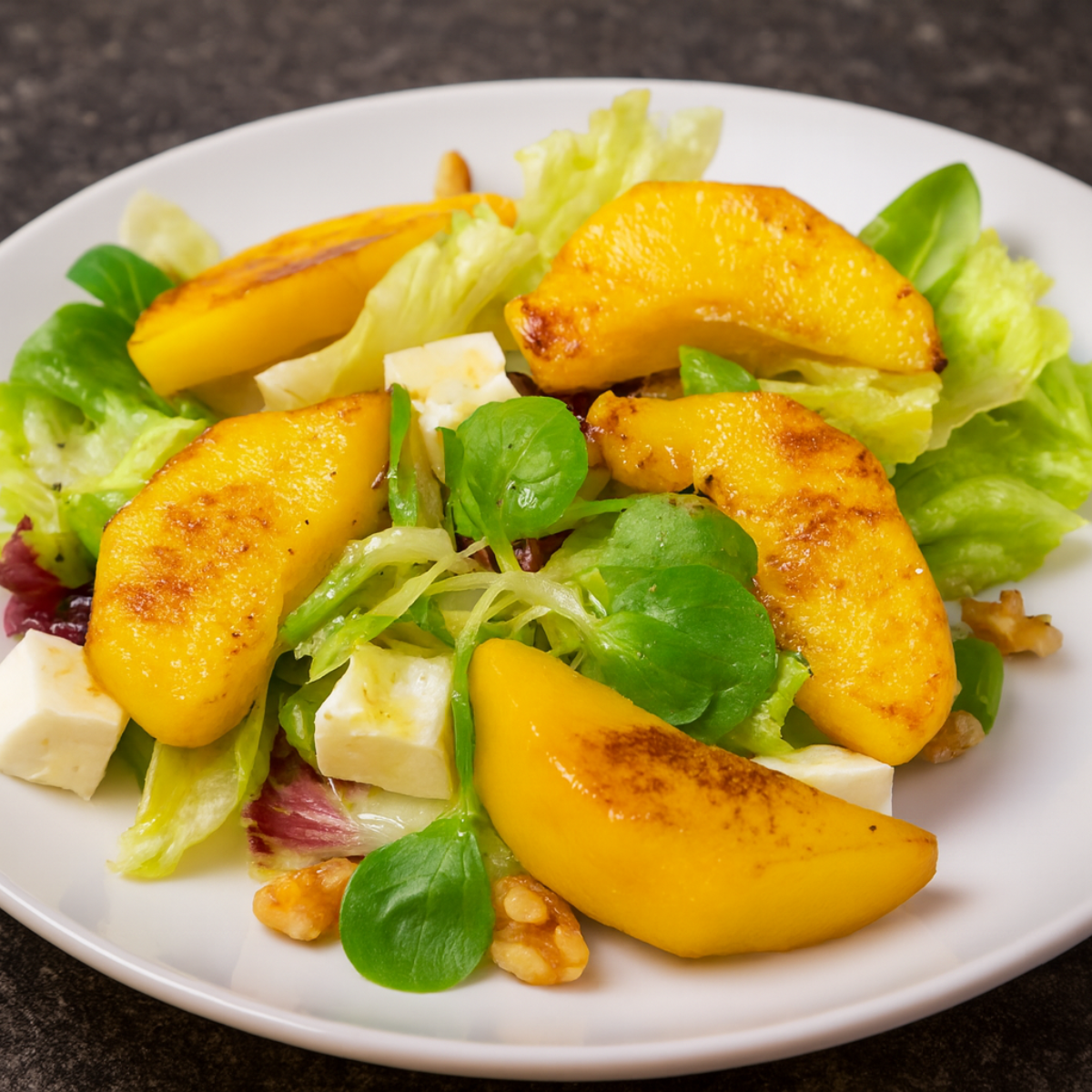 Ensalada de melocotón fresca y deliciosa: un plato que enamora al primer bocado.