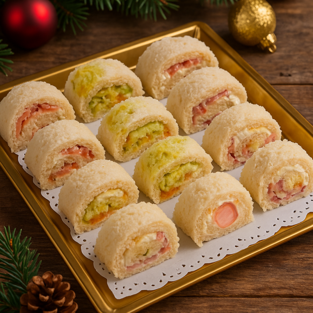 entrantes fáciles de navidad con pan bimbo en bandeja dorada