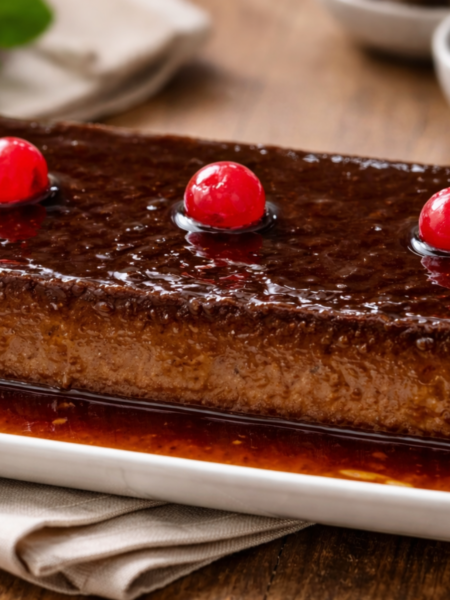 flan de chocolate con guindas