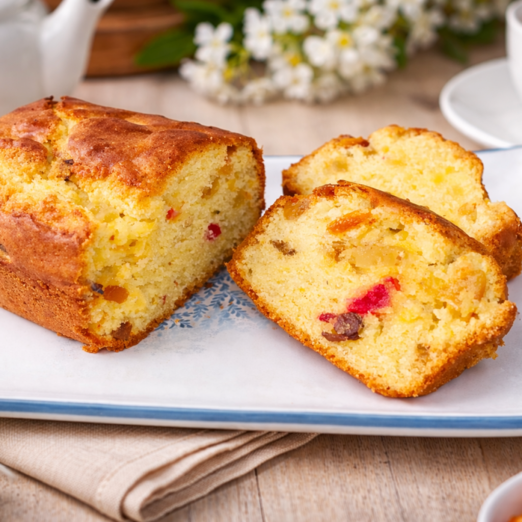 plum cake casero cortado en bandeja rectangular
