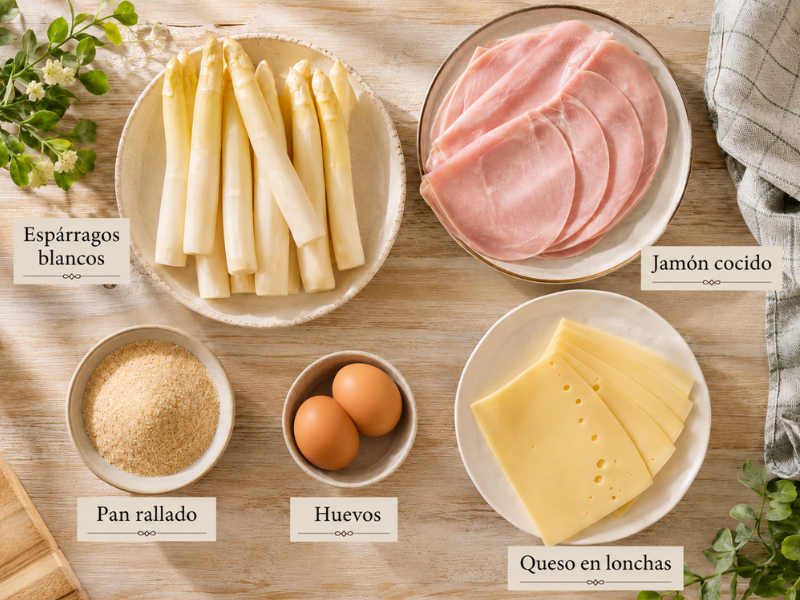 se muestran los ingredientes, esparragos blancos, jamon cocido, queso, huevos y pan rallado