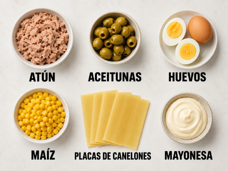 atun maiz aceitunas huevo mayonesa y plancas de canelones sobre una mesa
