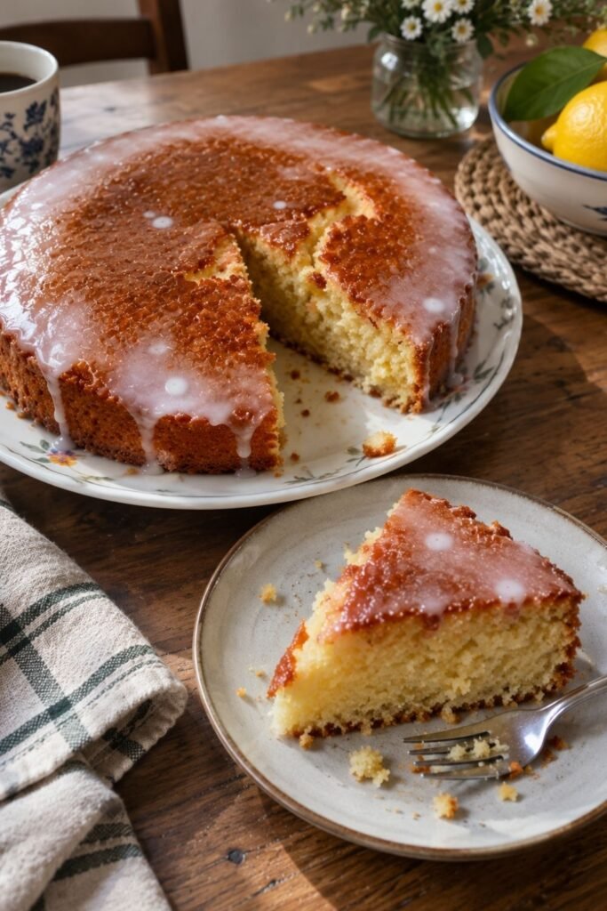 glazed lemon cake with a golden crust and white icing drizzle