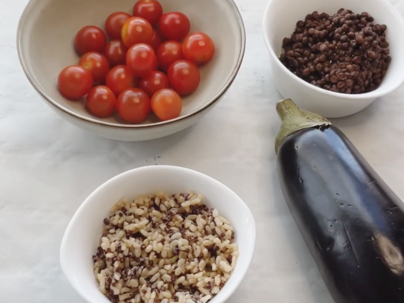 ensalada de lentejas lentil salad((7) arroz lentejas tomates y berenjena