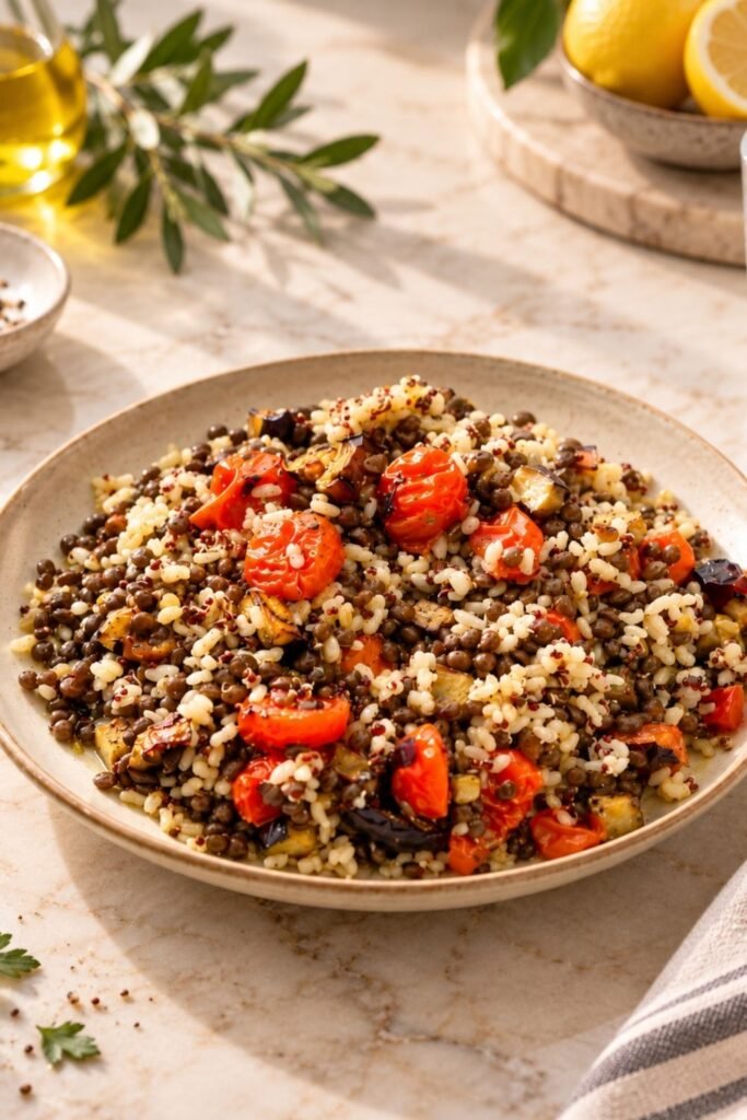 ensalada de lentejas lentil salad(d ensalada de lentejas y arroz en plato de cerámica